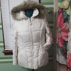 Laundry By Shelli Segal White Puffer Down Jacket with Faux Fur Hood Sz L
